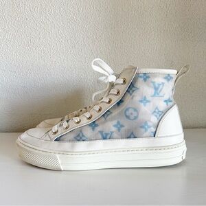Louis Vuitton Stellar High Top Sneakers White Blue Monogram Mesh Size EU 38